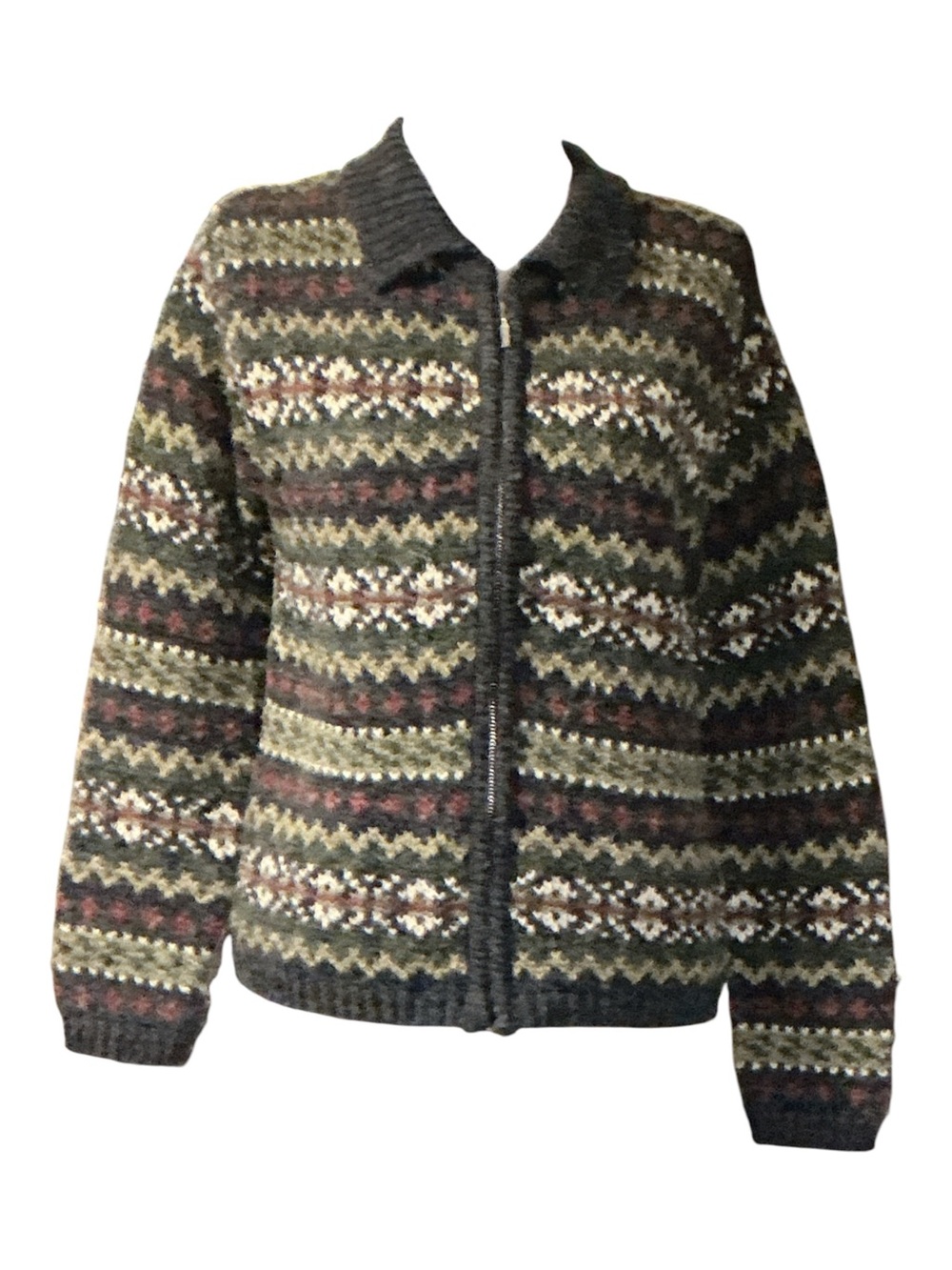 Women's Olive Multi-Pattern Zip Front Knit Jacket